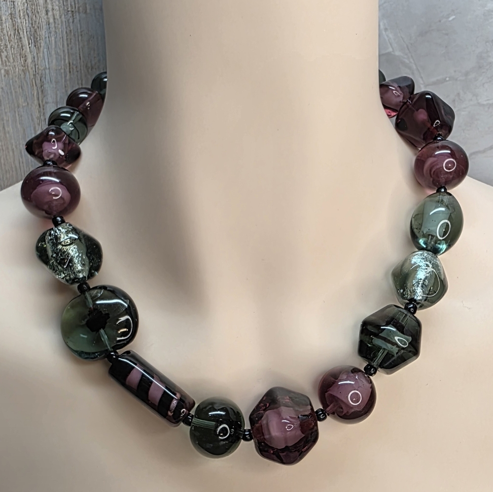 Sent Murano Italian Art Glass Necklace 16” – Chunky Venetian Beads Pink & Green